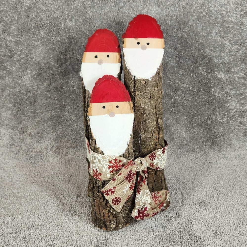 Santa Log Decor Brown Rustic Painted Wood Christmas‎ Bundle